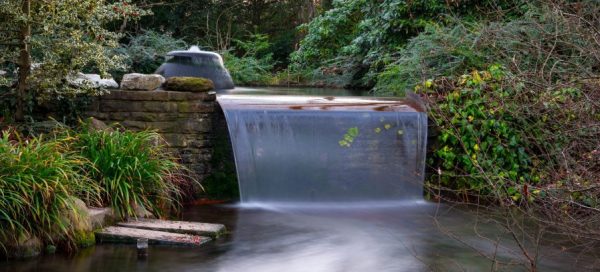 a small waterfall in a pond